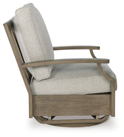 Rainier Ranch Outdoor Loveseat and 2 Chairs with Coffee Table in Brown/Beige from Ashley - Luna Furniture