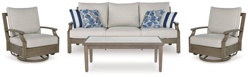 Rainier Ranch Outdoor Sofa and 2 Chairs with Coffee Table in Brown/Beige from Ashley - Luna Furniture