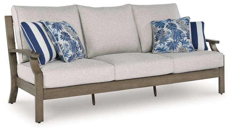 Rainier Ranch Outdoor Sofa and Loveseat with Coffee Table in Brown/Beige from Ashley - Luna Furniture