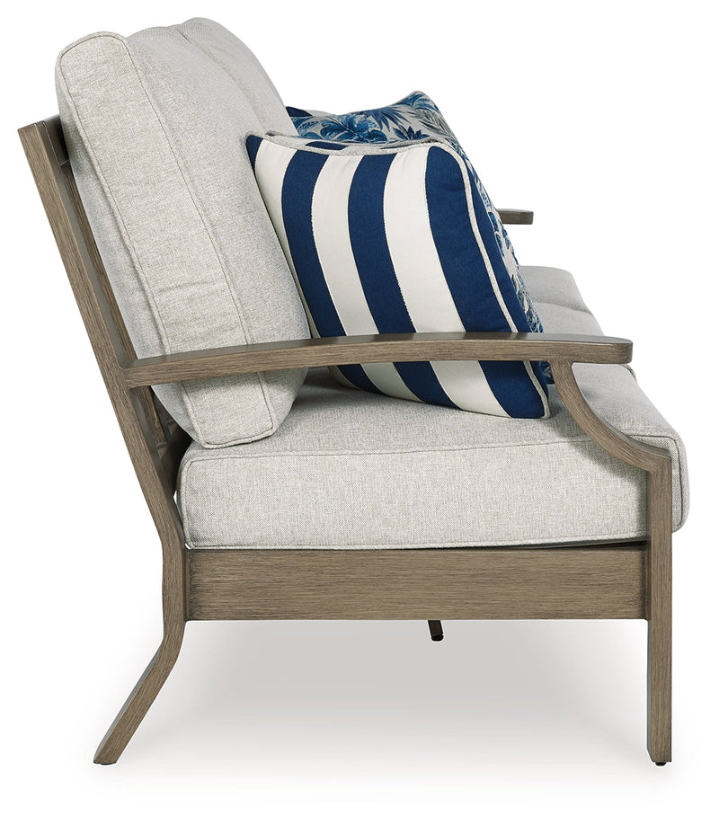 Rainier Ranch Outdoor Sofa and Loveseat with Coffee Table in Brown/Beige from Ashley - Luna Furniture