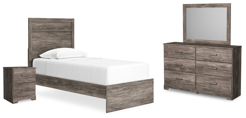 Ralinksi Twin Panel Bed with Mirrored Dresser and Nightstand in Gray - PKG015988