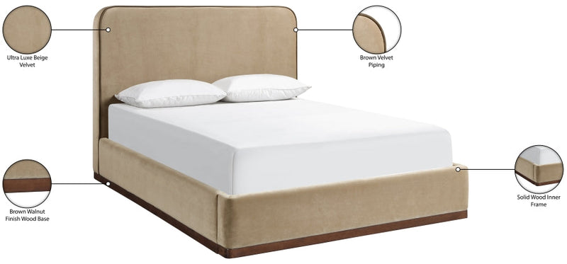 Rava Velvet Upholstered Full Bed in Beige - RavaBeige-F