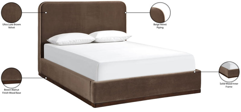 Rava Velvet Upholstered Full Bed in Brown - RavaBrown-F
