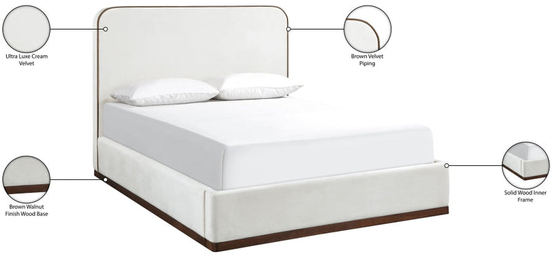 Rava Velvet Upholstered Full Bed in Cream - RavaCream-F