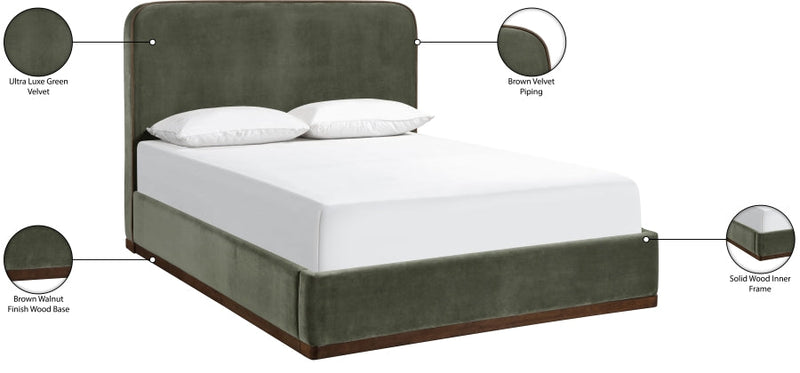 Rava Velvet Upholstered Queen Bed in Green - RavaGreen-Q