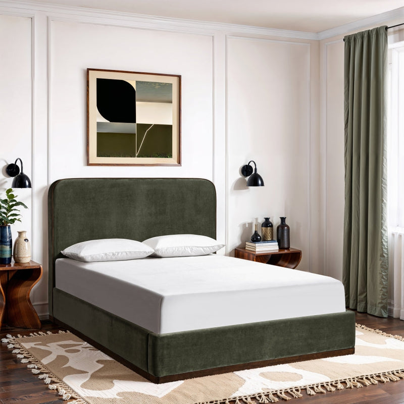 Rava Velvet Upholstered Queen Bed in Green - RavaGreen-Q