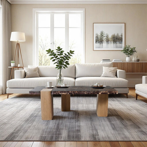 Ravenna Genuine Marble Top And Oak Wood Base Coffee Table in Burgundy - 99045Cherry-CT