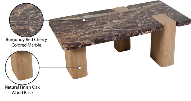 Ravenna Genuine Marble Top And Oak Wood Base Coffee Table in Burgundy - 99045Cherry-CT