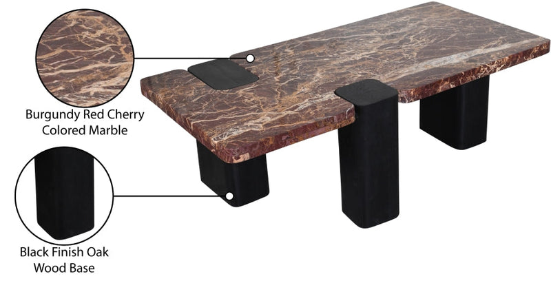 Ravenna Genuine Marble Top And Oak Wood Base Coffee Table in Burgundy - 99077Cherry-CT