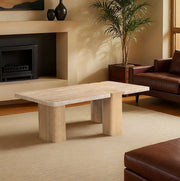 Ravenna Genuine Travertine and Oak Coffee Table in Natural - 99046Travertine-CT