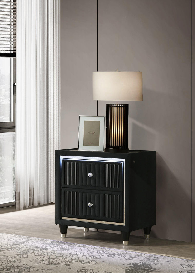 Ravenne 2-drawer Velvet Upholstered LED Nightstand with USB Black - 223192