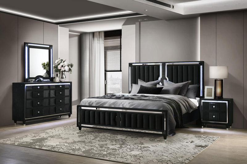 Ravenne 4-piece Velvet Upholstered Eastern King LED Bedroom Set Black - 223191KE-S4