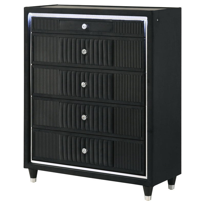 Ravenne 5-drawer Velvet Upholstered LED Chest of Drawers Black - 223195