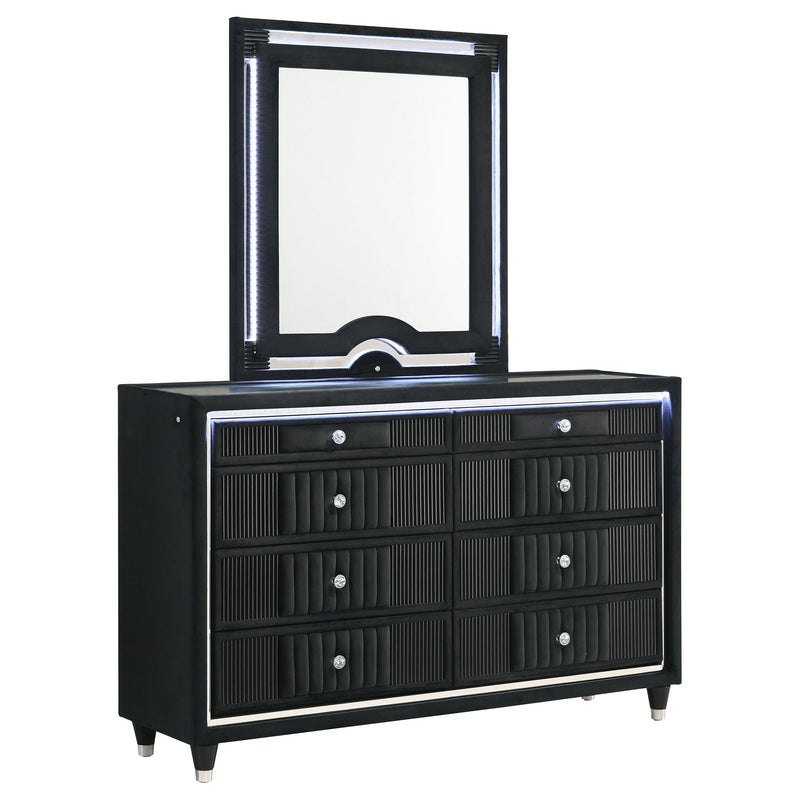 Ravenne 8-drawer Velvet Upholstered LED Dresser and Mirror Black - 223193M
