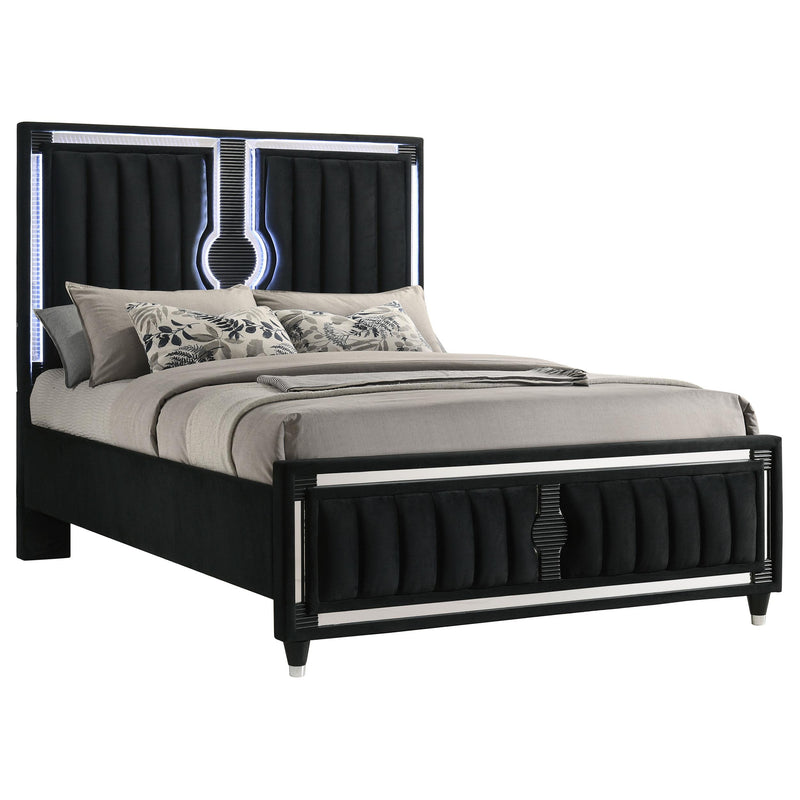 Ravenne Velvet Upholstered Queen LED Panel Bed Black - 223191Q