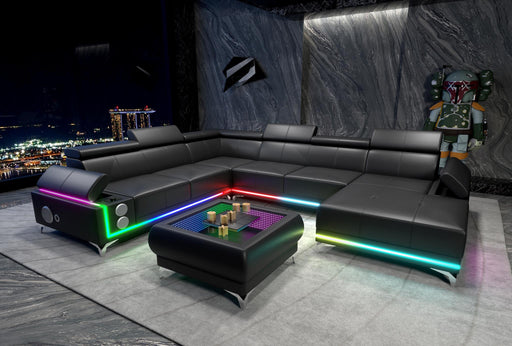 Raya - 4PC Black Sectional with Adjustable Headrest, Bluetooth Speaker, Subwoofer, Multi Color LED, Storage Armrest and Wireless Charger - CS4045-Sectional-Black