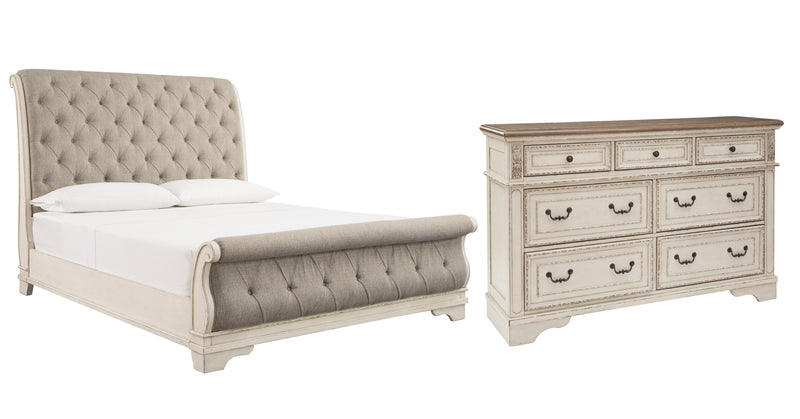 Realyn California King Sleigh Bed with Dresser in Chipped White - PKG006649