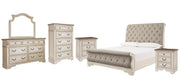 Realyn California King Sleigh Bed with Mirrored Dresser, Chest and 2 Nightstands in Chipped White - PKG006654