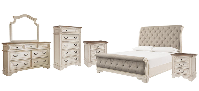 Realyn California King Sleigh Bed with Mirrored Dresser, Chest and 2 Nightstands in Chipped White - PKG006654