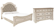 Realyn California King Upholstered Panel Bed with Dresser in Chipped White - PKG006683
