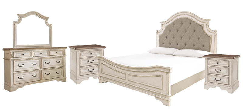 Realyn California King Upholstered Panel Bed with Mirrored Dresser and 2 Nightstands in Chipped White - PKG006685