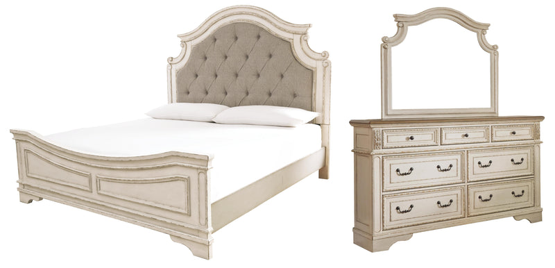 Realyn California King Upholstered Panel Bed with Mirrored Dresser in Chipped White - PKG006684