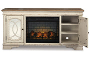 Realyn Chipped White 74" TV Stand with Electric Fireplace - Gate FurnitureTV Stand
