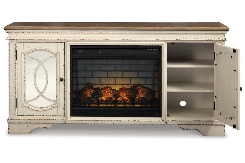 Realyn Chipped White 74" TV Stand with Electric Fireplace - Gate FurnitureTV Stand