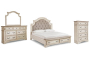 Realyn Chipped White California King Upholstered Bed, Dresser, Mirror and Chest - B743B25