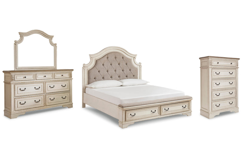Realyn Chipped White California King Upholstered Bed, Dresser, Mirror and Chest - B743B25