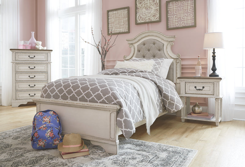 Realyn Chipped White Twin Upholstered Bed - Gate FurnitureTwin Bed