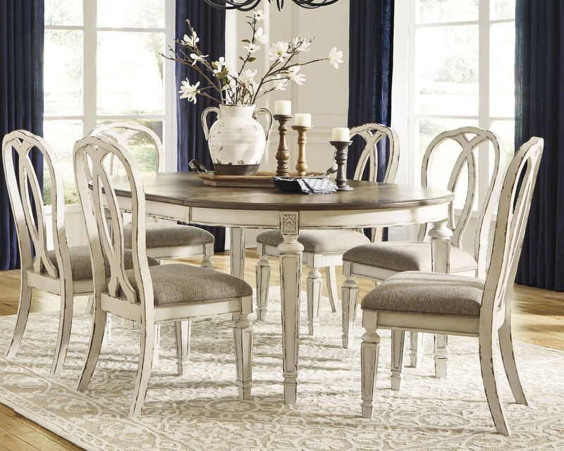 Realyn Chipped White Oval/Round Dining Table and 6 Ribbon Back Chairs from Ashley - Luna Furniture