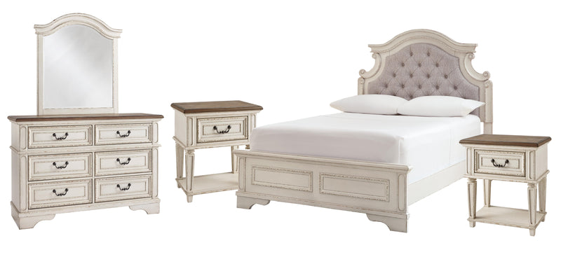 Realyn Full Panel Bed with Mirrored Dresser and 2 Nightstands in Chipped White - PKG006727