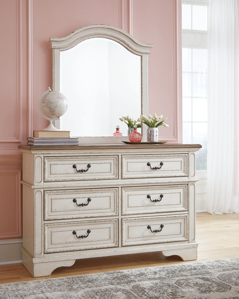 Realyn Full Panel Bed with Mirrored Dresser and 2 Nightstands in Chipped White - PKG006727