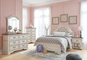Realyn Full Panel Bed with Mirrored Dresser, Chest and 2 Nightstands in Chipped White - PKG006736