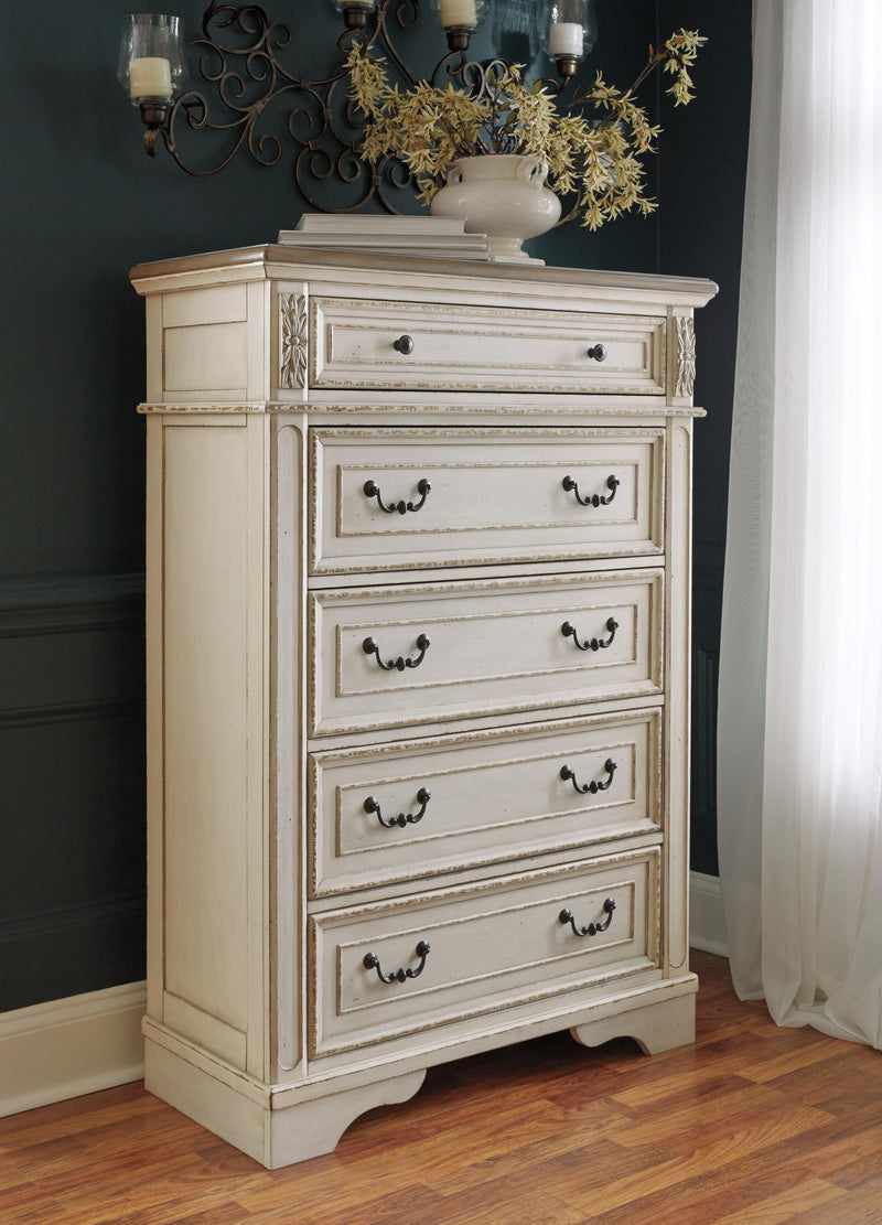 Realyn Full Upholstered Panel Bed, Chest and Nightstand - B743B96