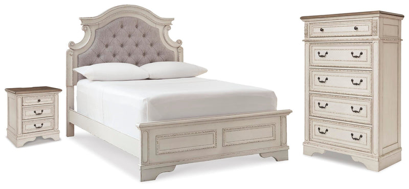 Realyn Full Upholstered Panel Bed, Chest and Nightstand - B743B96