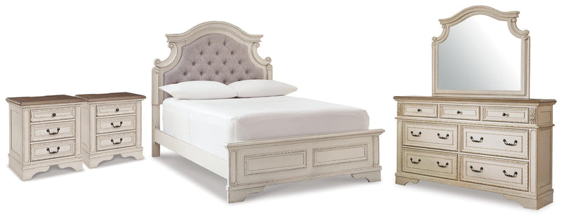 Realyn Full Upholstered Panel Bed, Dresser, Mirror and 2 Nightstands - B743B105