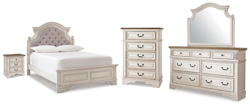 Realyn Full Upholstered Panel Bed, Dresser, Mirror, Chest and Nightstand - B743B104