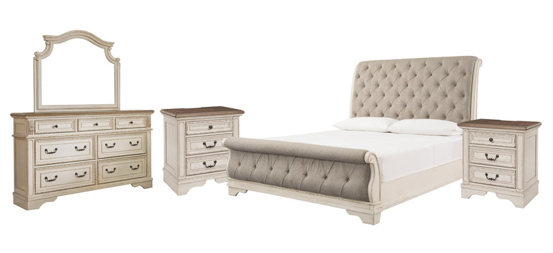 Realyn King Sleigh Bed with Mirrored Dresser and 2 Nightstands in Chipped White - PKG006657