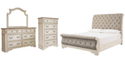 Realyn King Sleigh Bed with Mirrored Dresser and Chest in Chipped White - PKG006658
