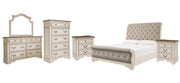 Realyn King Sleigh Bed with Mirrored Dresser, Chest and 2 Nightstands in Chipped White - PKG006660