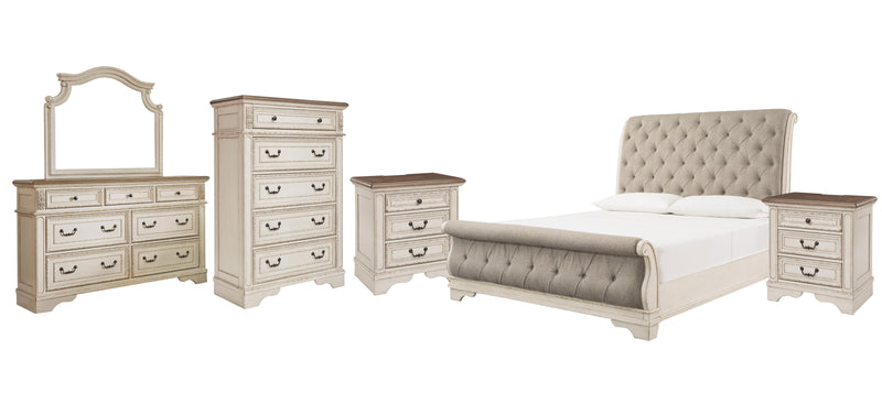 Realyn King Sleigh Bed with Mirrored Dresser, Chest and 2 Nightstands in Chipped White - PKG006660