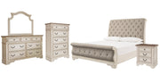 Realyn King Sleigh Bed with Mirrored Dresser, Chest and Nightstand in Chipped White - PKG006659