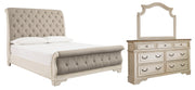 Realyn King Sleigh Bed with Mirrored Dresser in Chipped White - PKG006656