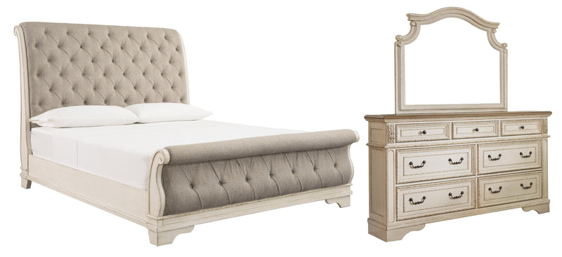 Realyn King Sleigh Bed with Mirrored Dresser in Chipped White - PKG006656