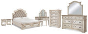 Realyn King Storage Bed, Dresser, Mirror, Chest, Vanity with Stool and 2 Nightstands - B743B107