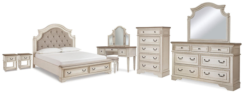Realyn King Storage Bed, Dresser, Mirror, Chest, Vanity with Stool and 2 Nightstands - B743B107
