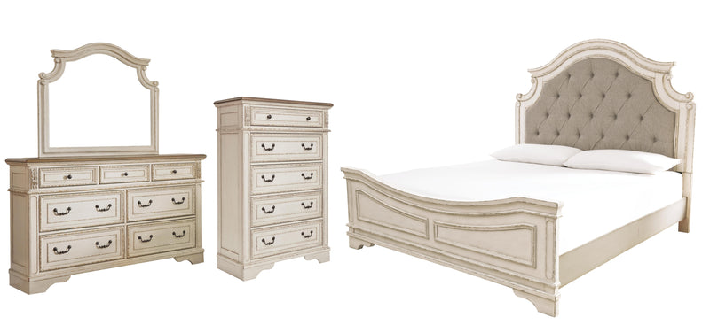 Realyn King Upholstered Panel Bed with Mirrored Dresser and Chest in Chipped White - PKG006680
