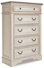 Realyn King Upholstered Panel Bed with Mirrored Dresser and Chest in Chipped White - PKG006680